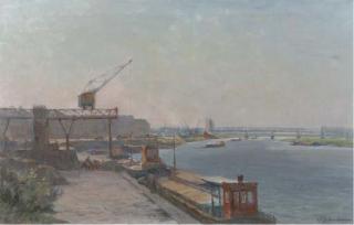 David Schulman - De Maas bij Venlo: cargo vessels along a quay