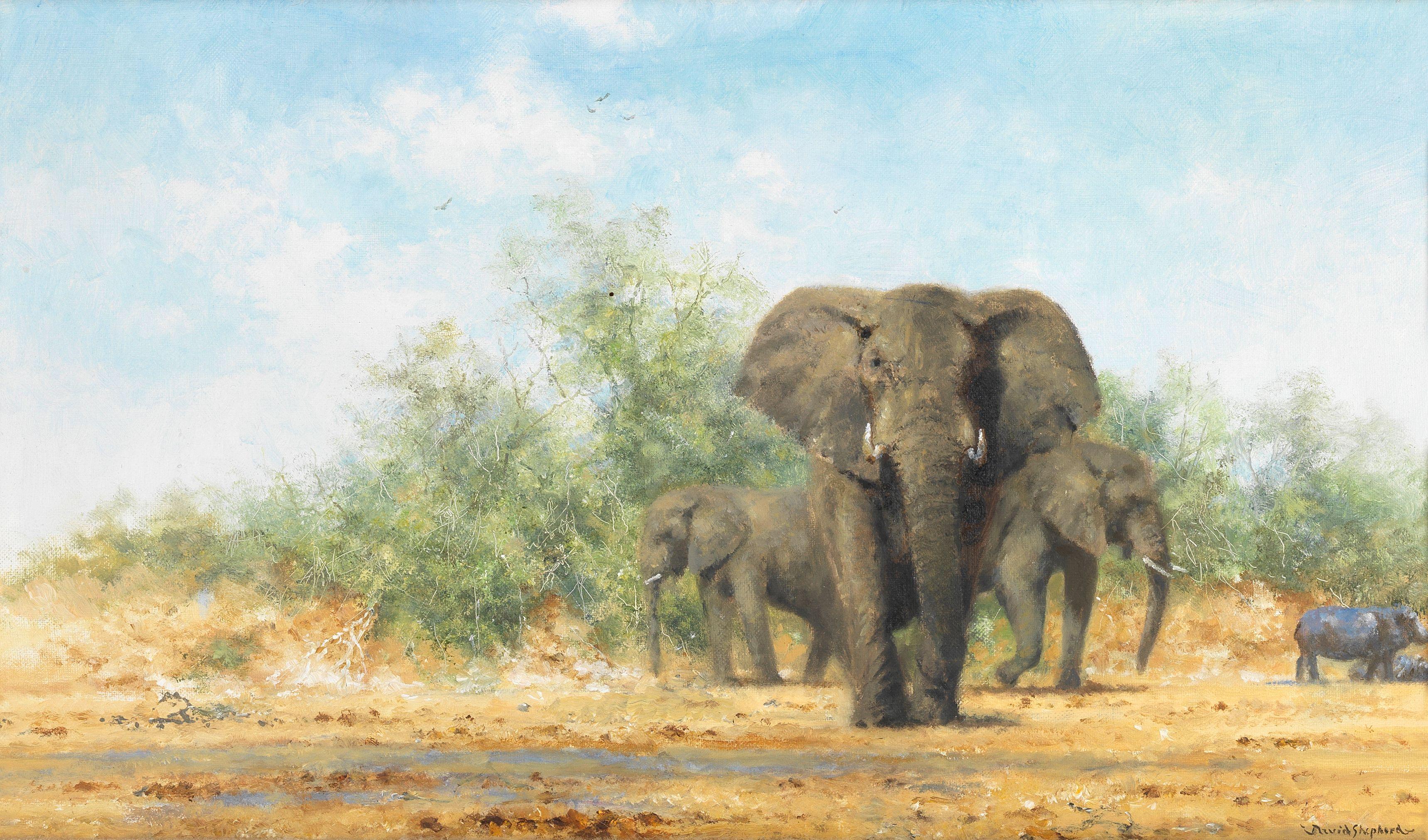 David Shepherd O.B.E. - Three Happy Jumbos and Friends, the Luangwa Valley National Park in Zambia