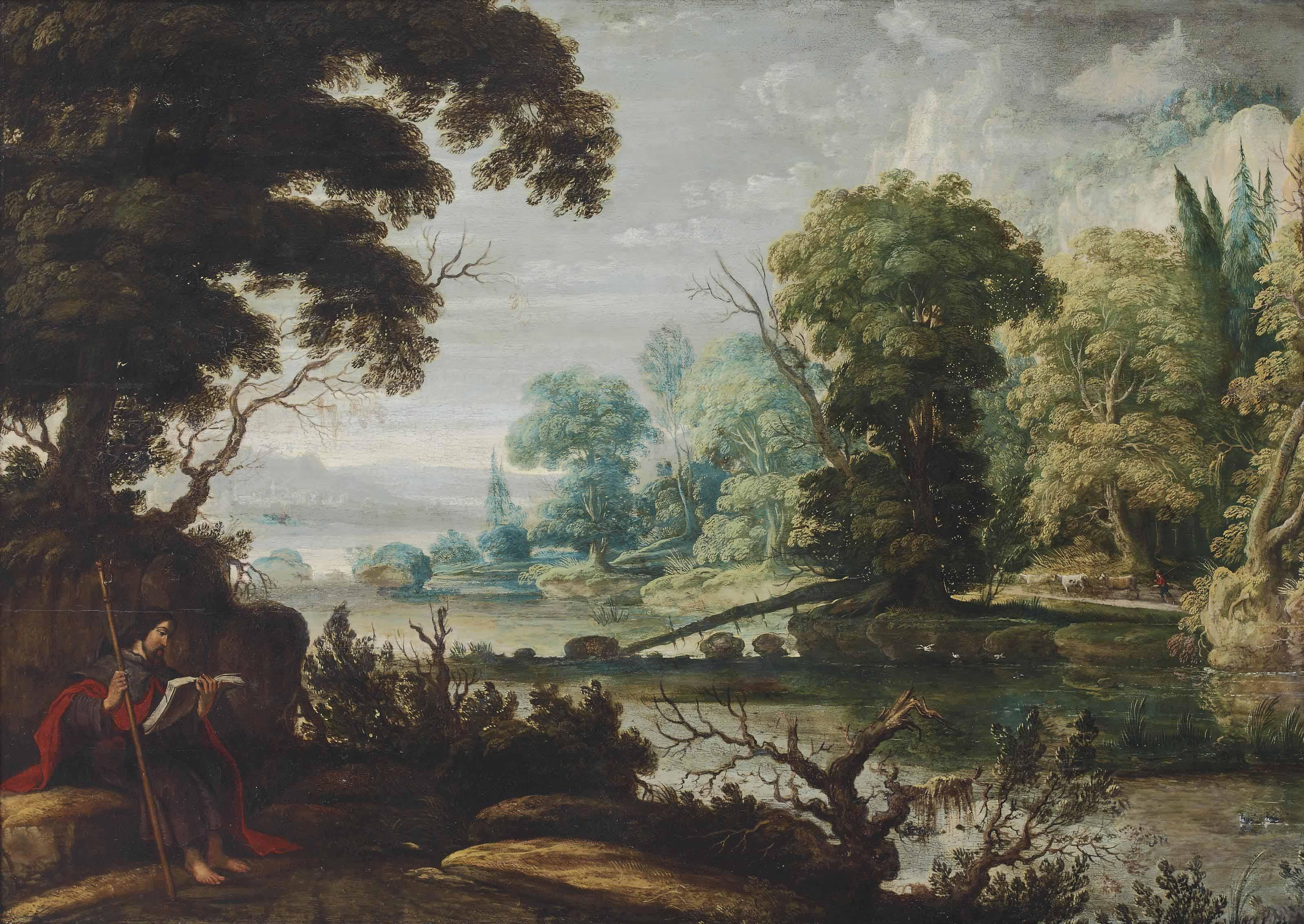 David Teniers I - A wooded landscape with Saint James the Elder resting on a riverbank, with a herdsman and his cattle in the distance, and a town beyond