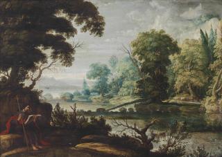 David Teniers I - A wooded landscape with Saint James the Elder resting on a riverbank, with a herdsman and his cattle in the distance, and a town beyond