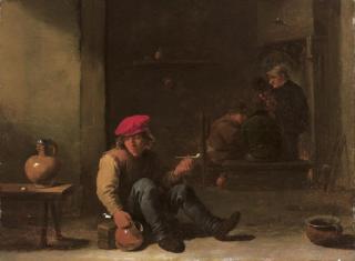 David Teniers II - A boor holding a pipe and jug seated in an interior with other peasants conversing in the background