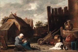 David Teniers II - A cat tended by an old woman being teased by rats in a farmyard