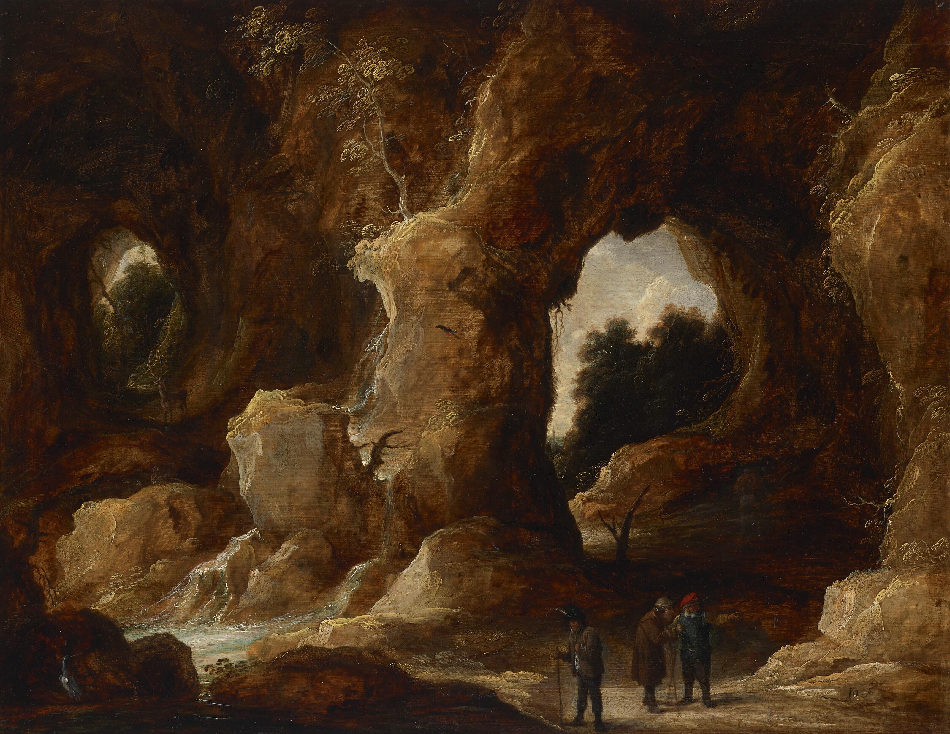 David Teniers II - A grotto with figures, a stag and stork