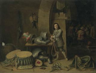 David Teniers Ii - A Guardroom Interior With A Page Among Armour And Drums, Soldiers Seated At A Table Beyond