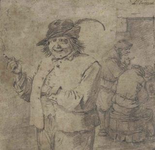 David Teniers II - A laughing peasant with a pipe, gamblers beyond