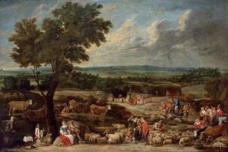David Teniers II - A livestock market in an extensive landscape with Antwerp in the distance
