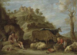 David Teniers II - A mountainous landscape, a shepherd with his flock and a milkmaid with cattle, a hilltop town beyond
