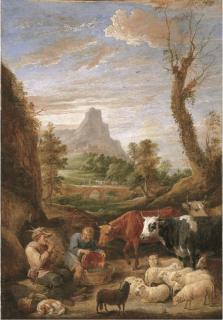 David Teniers II - A pastoral landscape with a shepherd playing a pipe with cattle and sheep
