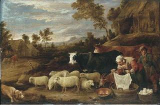 David Teniers II - A Pastoral Landscape With A Washerwoman And A Herdsman With Cattle And Sheep