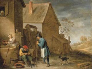 David Teniers II - A peasant eating mussels at a farm, with a woman at a well and a man with his dog, a landscape with a church beyond