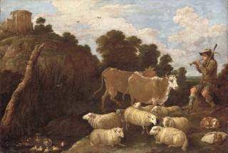 David Teniers II - A river landscape with a herdsman playing a pipe with classical ruins on a hilltop beyond
