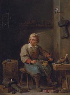 David Teniers II - A shoemaker in his workshop, with boots, tools and a jaybird