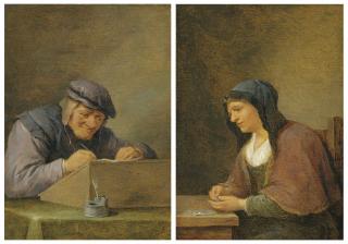 David Teniers Ii - A Tax Collector Writing; And A Woman Counting Money