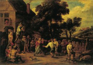 David Teniers II - A village kermesse with three peasants dancing to a piper\'s tune