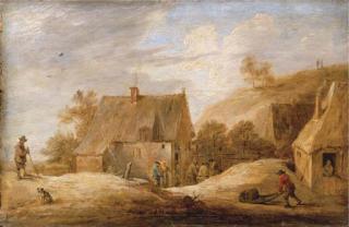 David Teniers II - A village landscape with peasants outside a cottage and a traveller on a path