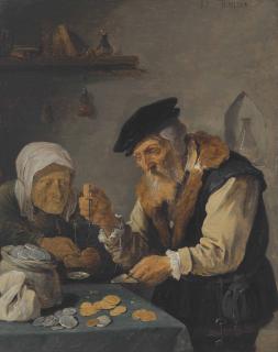 David Teniers II - An Elderly Couple Weighing Money