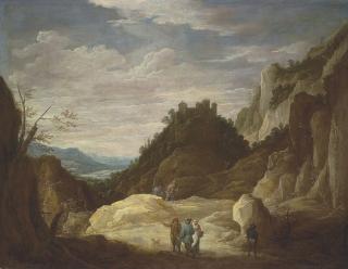 David Teniers II - An extensive mountain, coastal landscape with travellers on a path in the foreground, a hilltop castle beyond