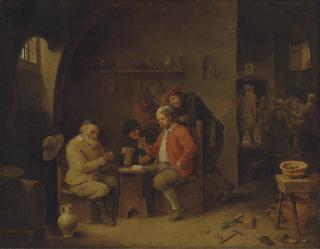 David Teniers Ii - Card players and other figures drinking at a table, in a barn