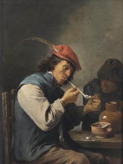 David Teniers II - \'Le Fumeur Flamand\'; A smoker lighting a pipe in an interior