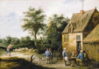 David Teniers II - Peasants drinking before a roadside inn in a wooded landscape, with a shepherd and his flock nearby