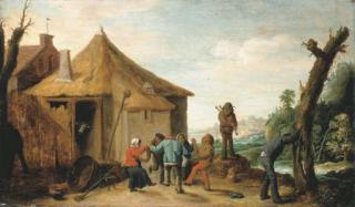 David Teniers II - Peasants merrymaking by a cottage, a river beyond