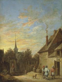 David Teniers Ii - Peasants outside an inn at sunset