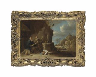 David Teniers II - Saints Anthony Abbot and Paul of Thebes in a rocky landscape, a ruined castle on the hills beyond