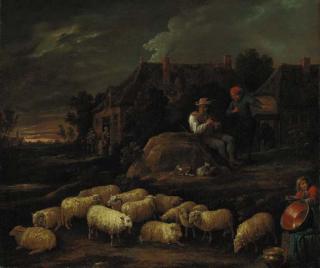 David Teniers II - Shepherds with their flock by a village