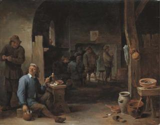 David Teniers II - The interior of an inn with peasants smoking by a table and conversing before a fire