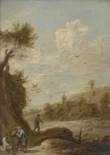 David Teniers II - Three men conversing in a landscape, with a village beyond