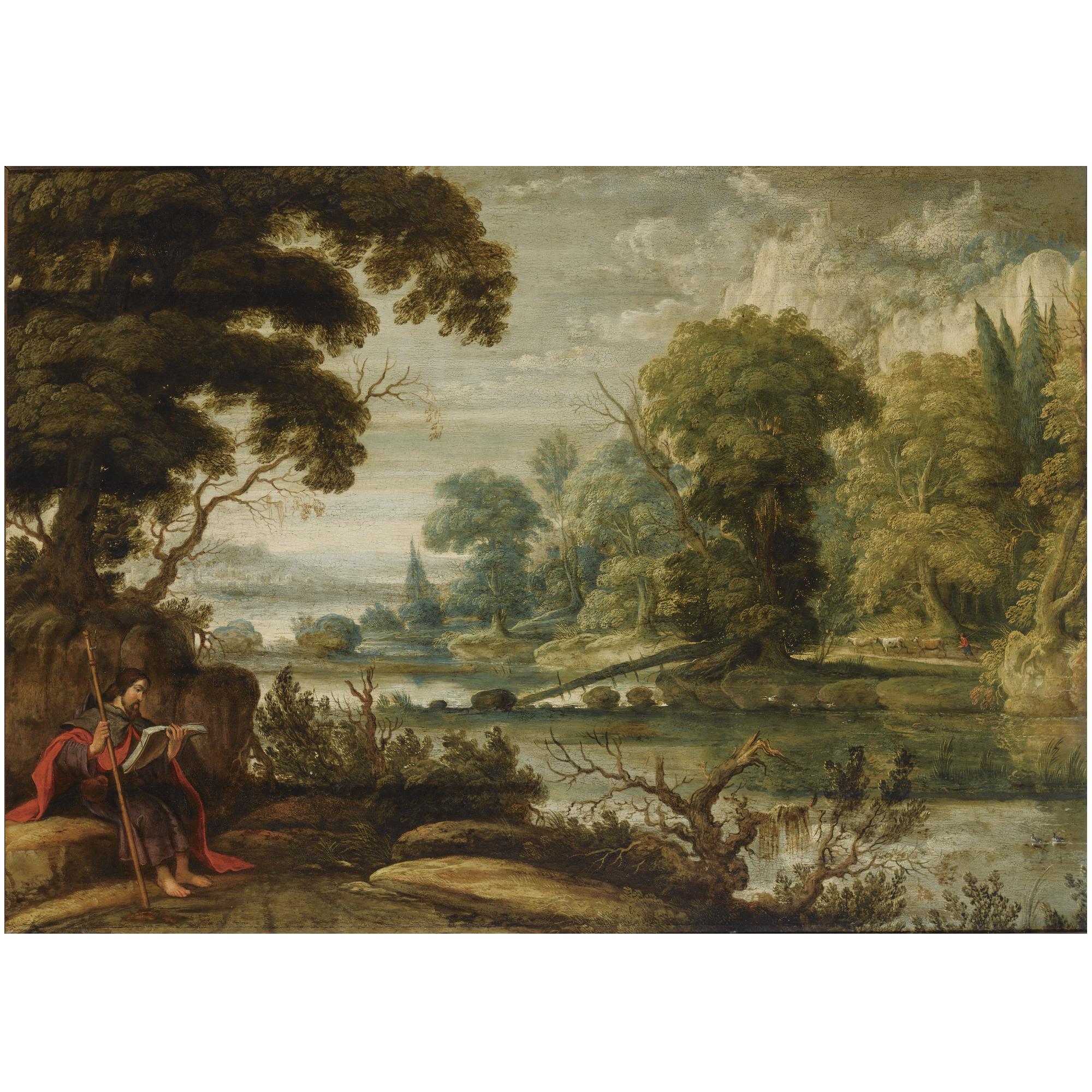 David Teniers the Elder - A Wooded River Landscape With Saint James The Greater Seated On A Rock In The Foreground