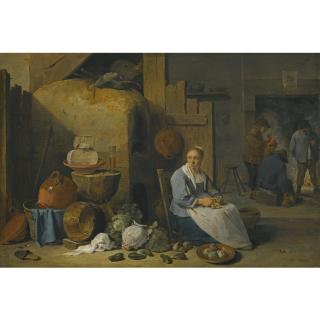 David Teniers The Younger - A Barn Interior With A Maid Preparing Vegetables