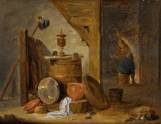 David Teniers The Younger - A Barn Interior With A Still Life Of Kitchen Utensils, A Dog, And Figures By A Fireplace Beyond