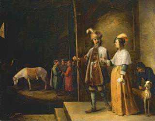David Teniers The Younger - A lady and gentleman entering a stable