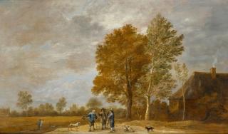 David Teniers the Younger - A landscape with a falconer and other figures conversing, with dogs