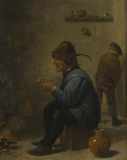 David Teniers The Younger - A Man Holding A Pipe Sitting Before A Fire In Tavern Interior, Another Figure Beyond