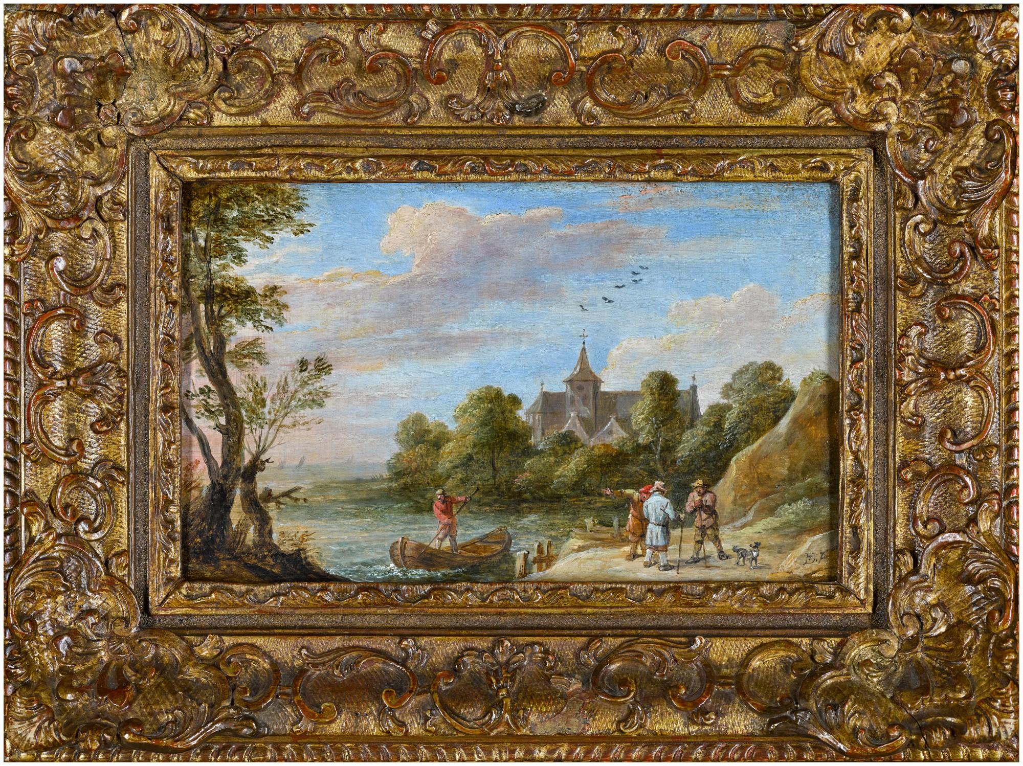 David Teniers the Younger - A river landscape with travellers by a jetty and a man in a rowing boat, a church beyond