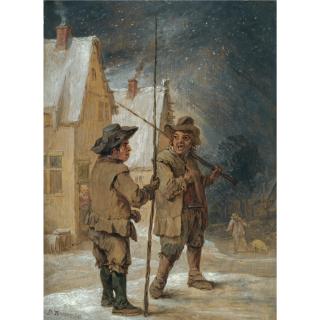 David Teniers the Younger - A Winter Scene With Two Chimneysweeps Conversing Before Some Cottages