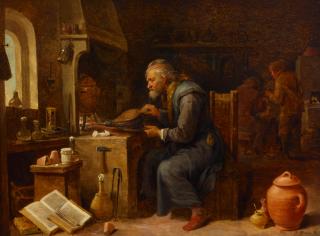 David Teniers the Younger - An alchemist in his workshop heating a pot