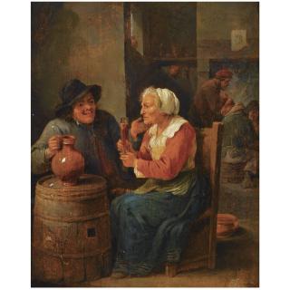 David Teniers the Younger - An Interior Scene With A Man And An Elderly Woman Seated Around A Barrel Drinking, Other Figures Smoking In The Background