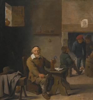David Teniers The Younger - An Interior With An Old Man With A Pipe And A Flagon Seated At A Table, Other Figures Smoking By A Fireplace Beyond