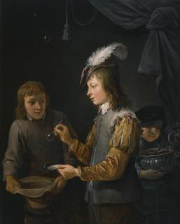 David Teniers The Younger - Boys Blowing Bubbles In An Interior