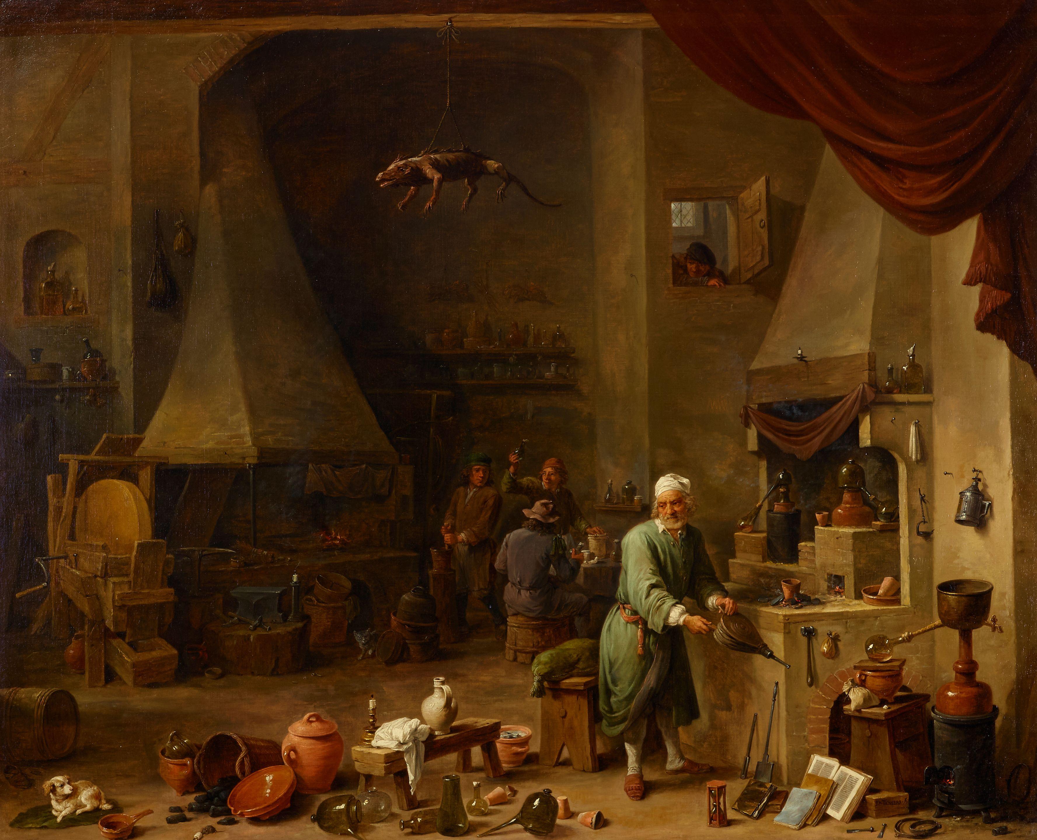 David Teniers the Younger - Interior of a laboratory with an Alchemist at work and a stuffed alligator hanging from a ceiling beam