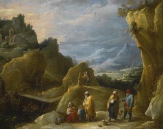 David Teniers The Younger - Mountain Landscape With A Gypsy Fortune Teller