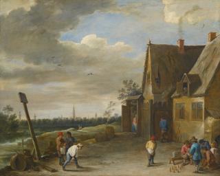 David Teniers The Younger - Peasants Playing Nine-Pins Outside An Inn, The City Of Antwerp In The Distance