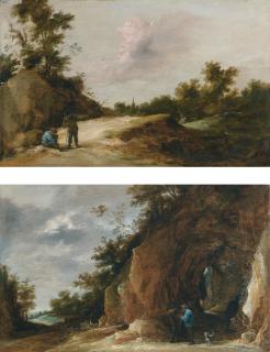 David Teniers The Younger - Peasants Resting On A Rocky Path, A Wooded Landscape Beyond; Peasants Discoursing By A Grotto In A Rocky Wooded Landscape