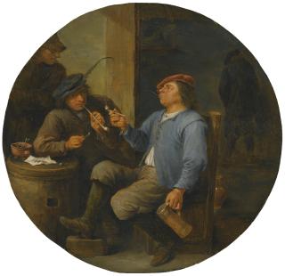 David Teniers the Younger - Two Peasants Smoking Pipes In A Tavern, Another Man Standing Beside Them, And A Fourth Relieving Himself Against A Wall Beyond