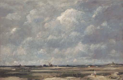 David Thomas Muirhead - Figures In An Expansive Landscape, A Windmill Beyond