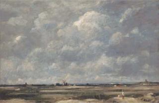 David Thomas Muirhead - Figures In An Expansive Landscape, A Windmill Beyond