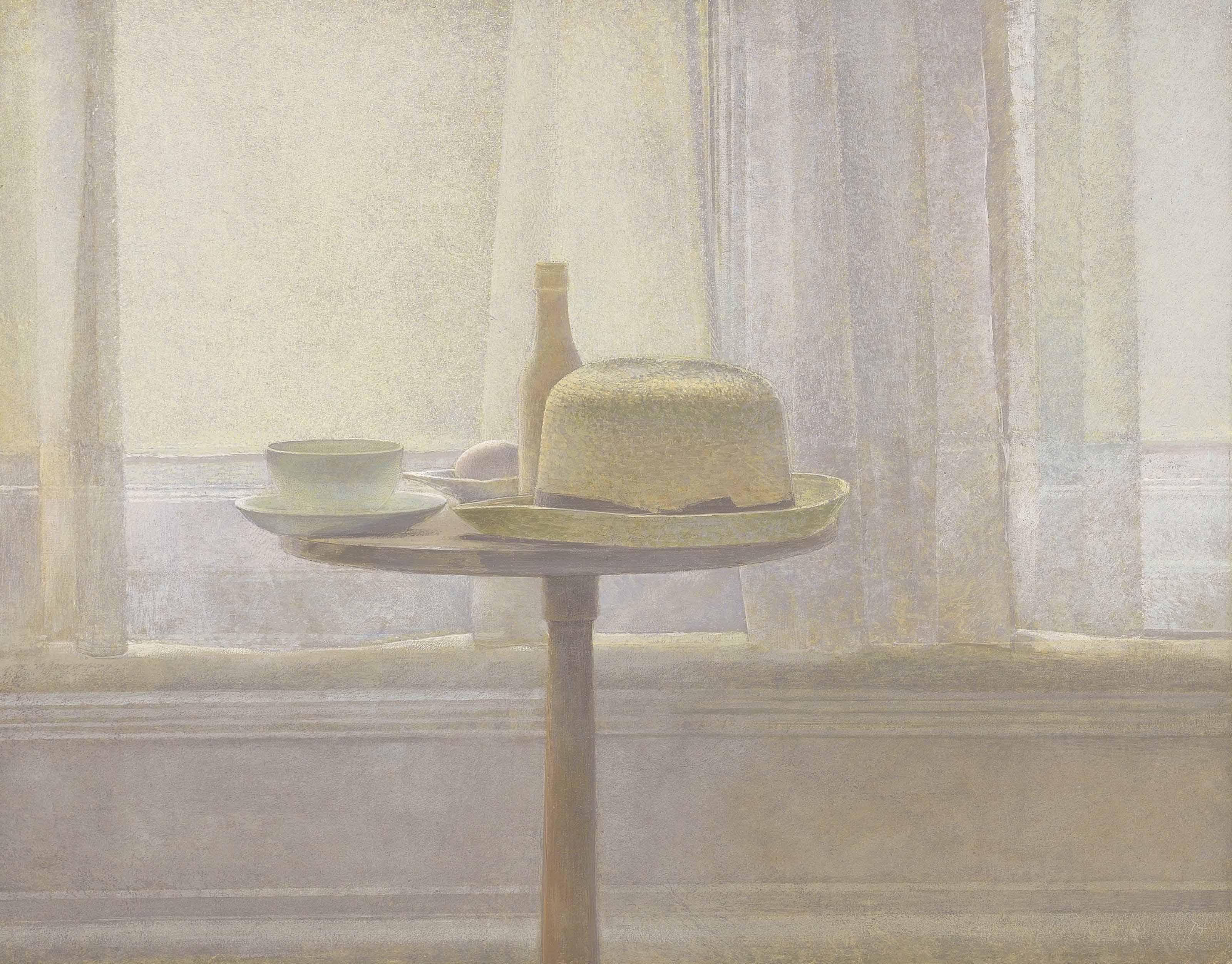 David Tindle, R.A. - Still life of objects on a pedestal table